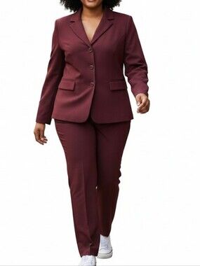 Danny & Nicole Pant Suit Size 18W Burgundy Tapered Wide Leg Side Zip Blazer